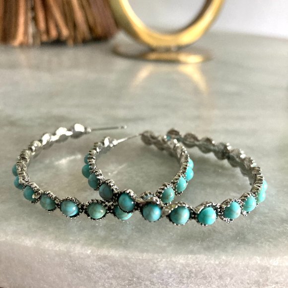 Turquoise Western Studded Silver Hoop Earrings - Picture 4 of 7